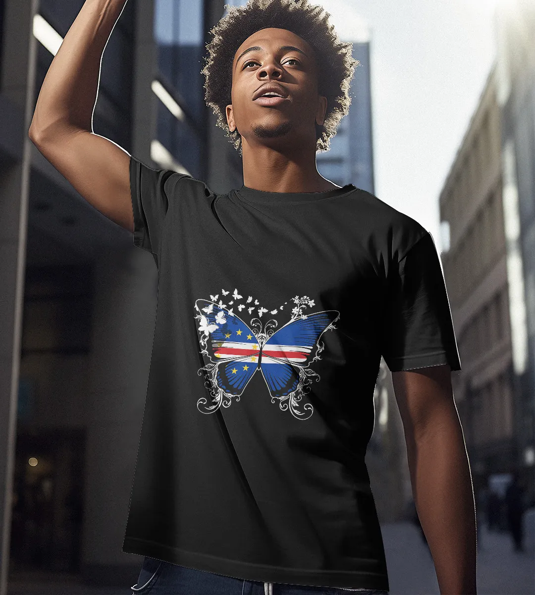 1sttheworld T-Shirt - Flag Butterfly Cape Verdean T-Shirt Black A35