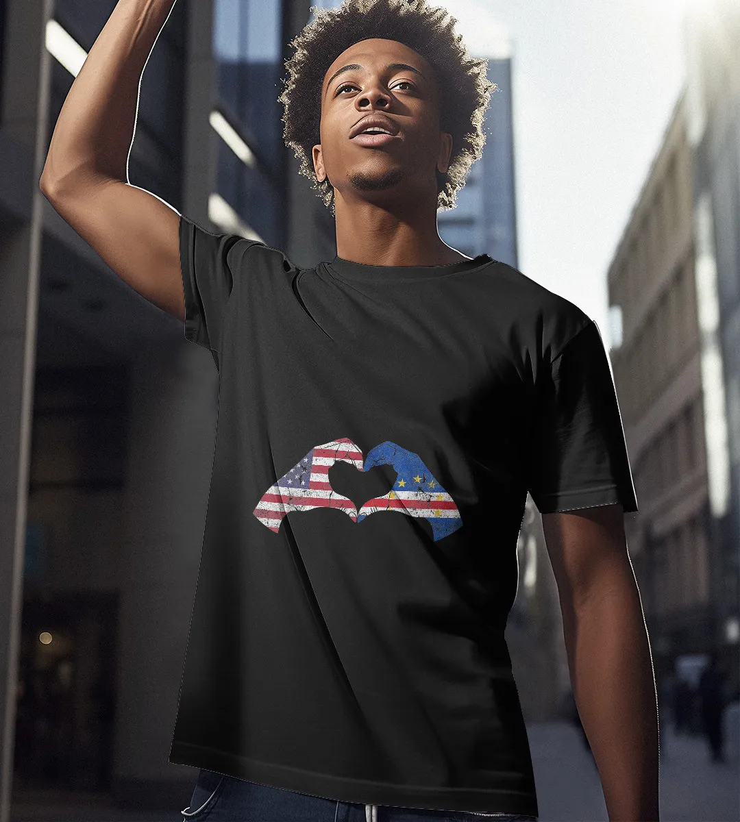 1sttheworld T-Shirt - Hand Flag Heart Cape Verdean Americans Love T-Shirt Black A35