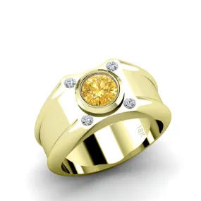 7 mm Wide Band with Diamonds 1.70ct Round Citrine in 18K Yellow Gold Solid Gemstone Ring