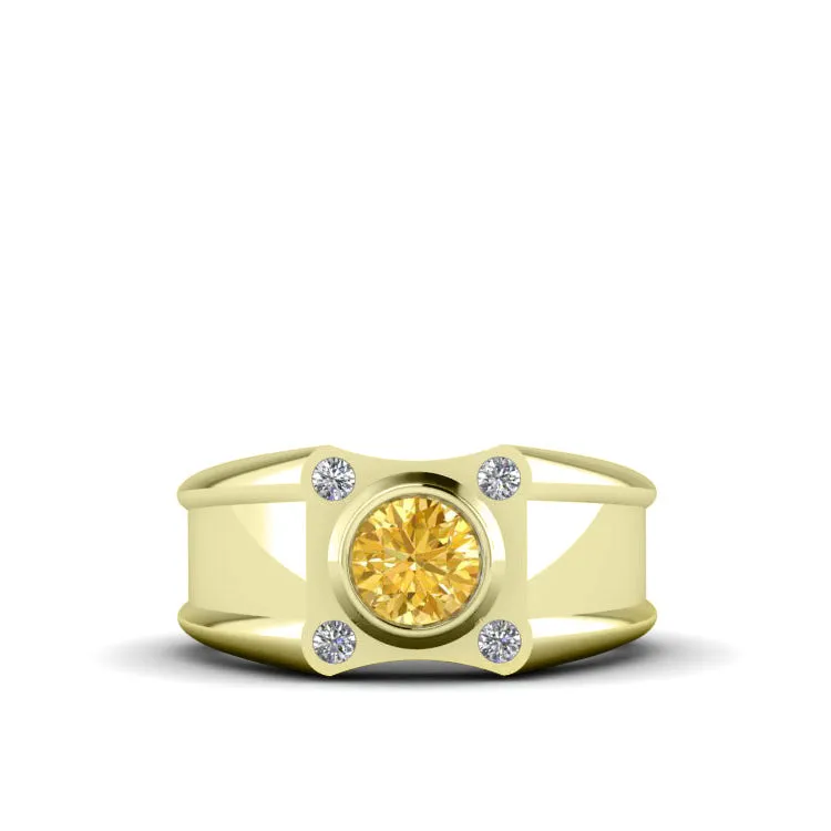 7 mm Wide Band with Diamonds 1.70ct Round Citrine in 18K Yellow Gold Solid Gemstone Ring