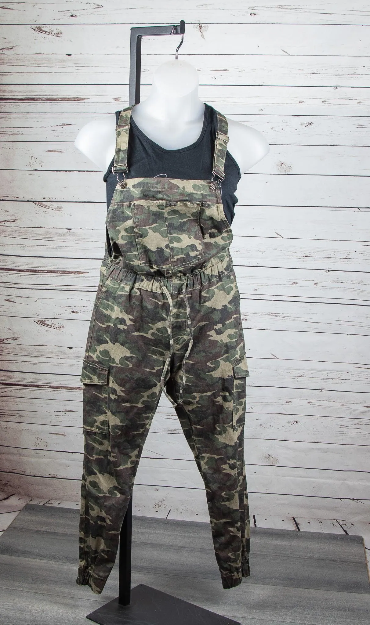 Almost Famous Relaxed Full Length Camo Cargo Overalls w/ Drawstring Waist