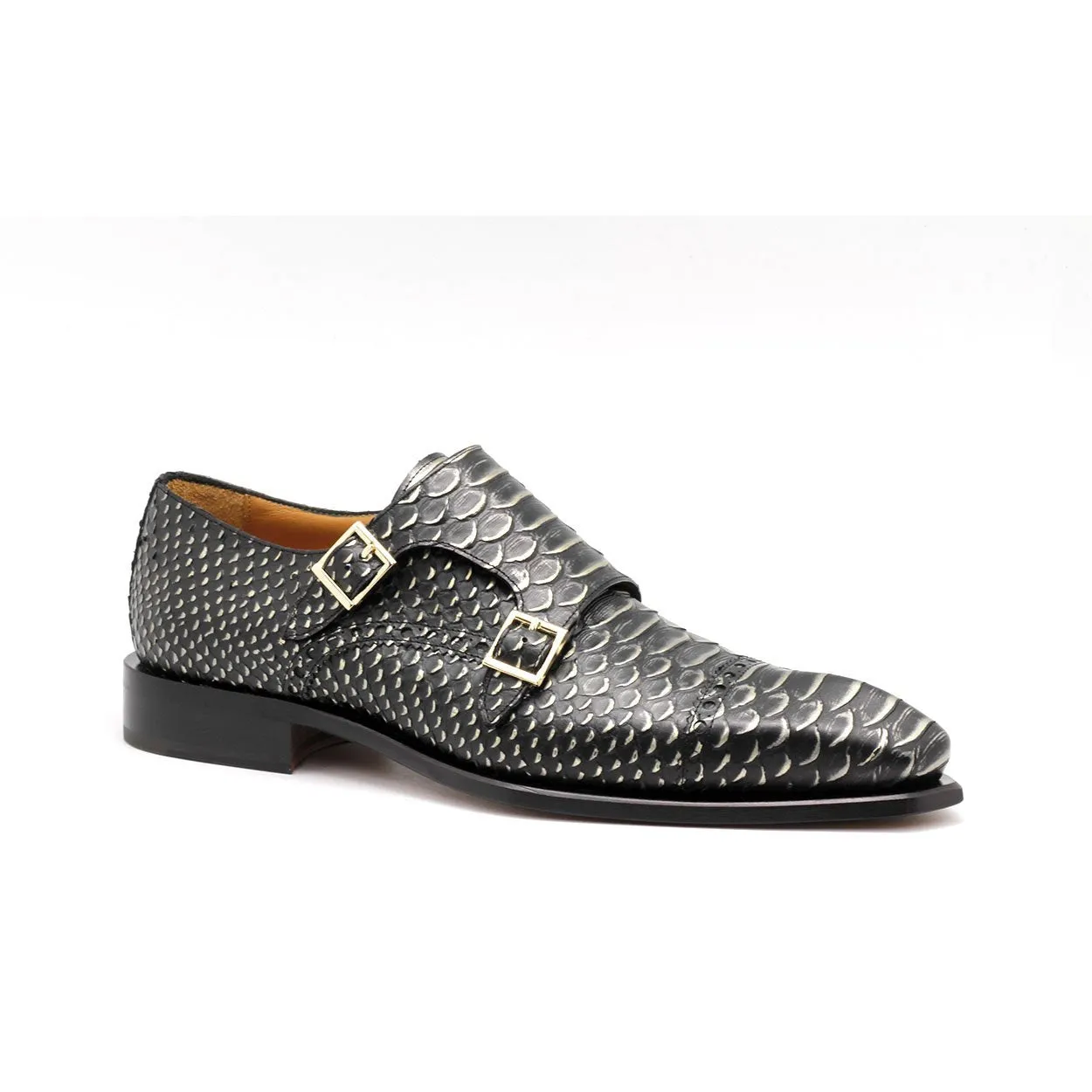 Ambrogio 40418-A147 Men's Shoes Black Lorando Snake Print / Calf-Skin Leather Monk-Straps Loafers (AMBX1010)