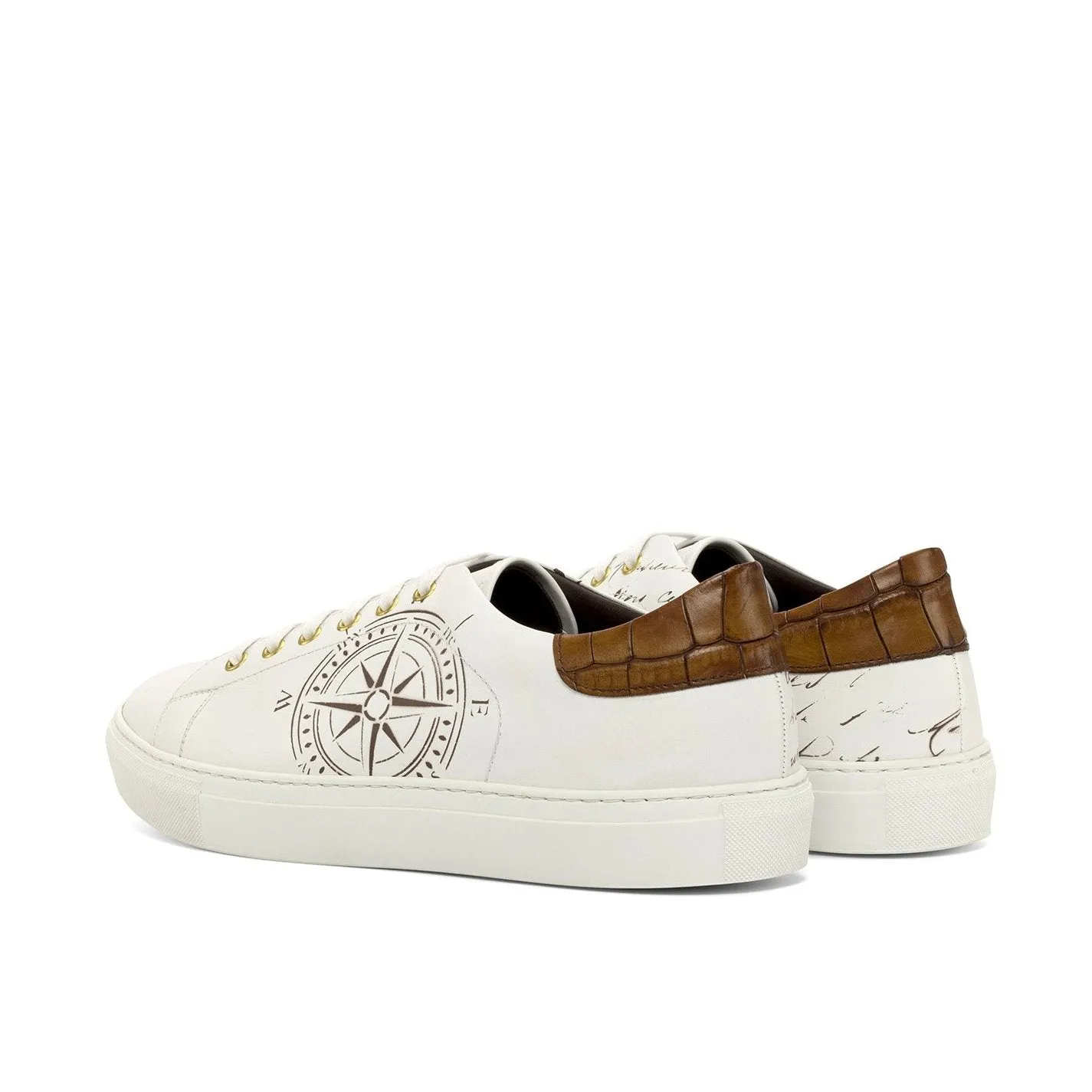 Ambrogio Bespoke Custom Men's Shoes White & Brown Crocodile Print / Calf-Skin Leather Stencil Trainer Sneakers (AMB2226)