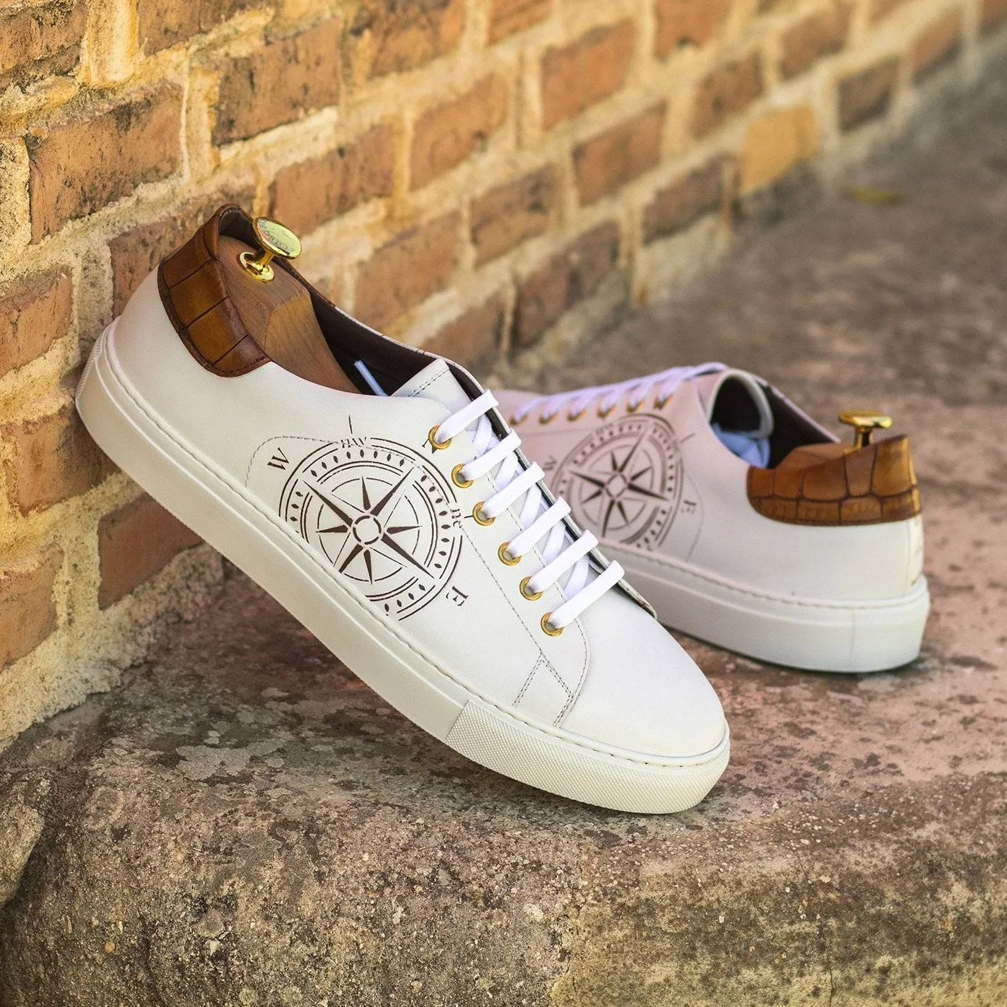 Ambrogio Bespoke Custom Men's Shoes White & Brown Crocodile Print / Calf-Skin Leather Stencil Trainer Sneakers (AMB2226)