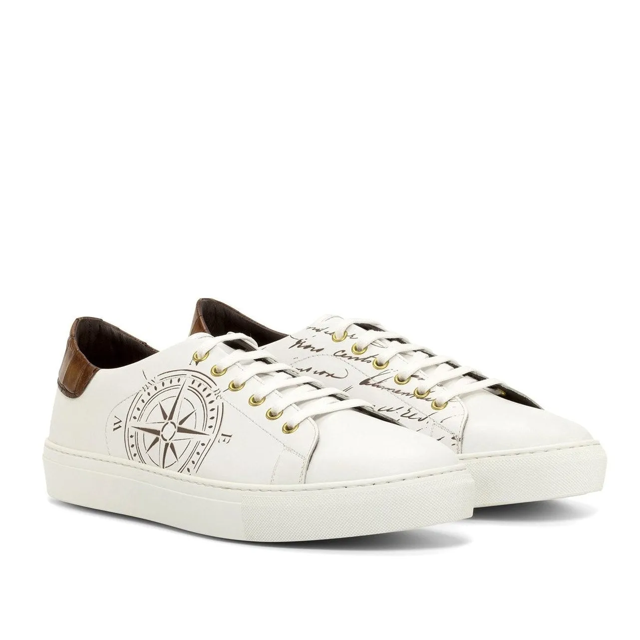 Ambrogio Bespoke Custom Men's Shoes White & Brown Crocodile Print / Calf-Skin Leather Stencil Trainer Sneakers (AMB2226)