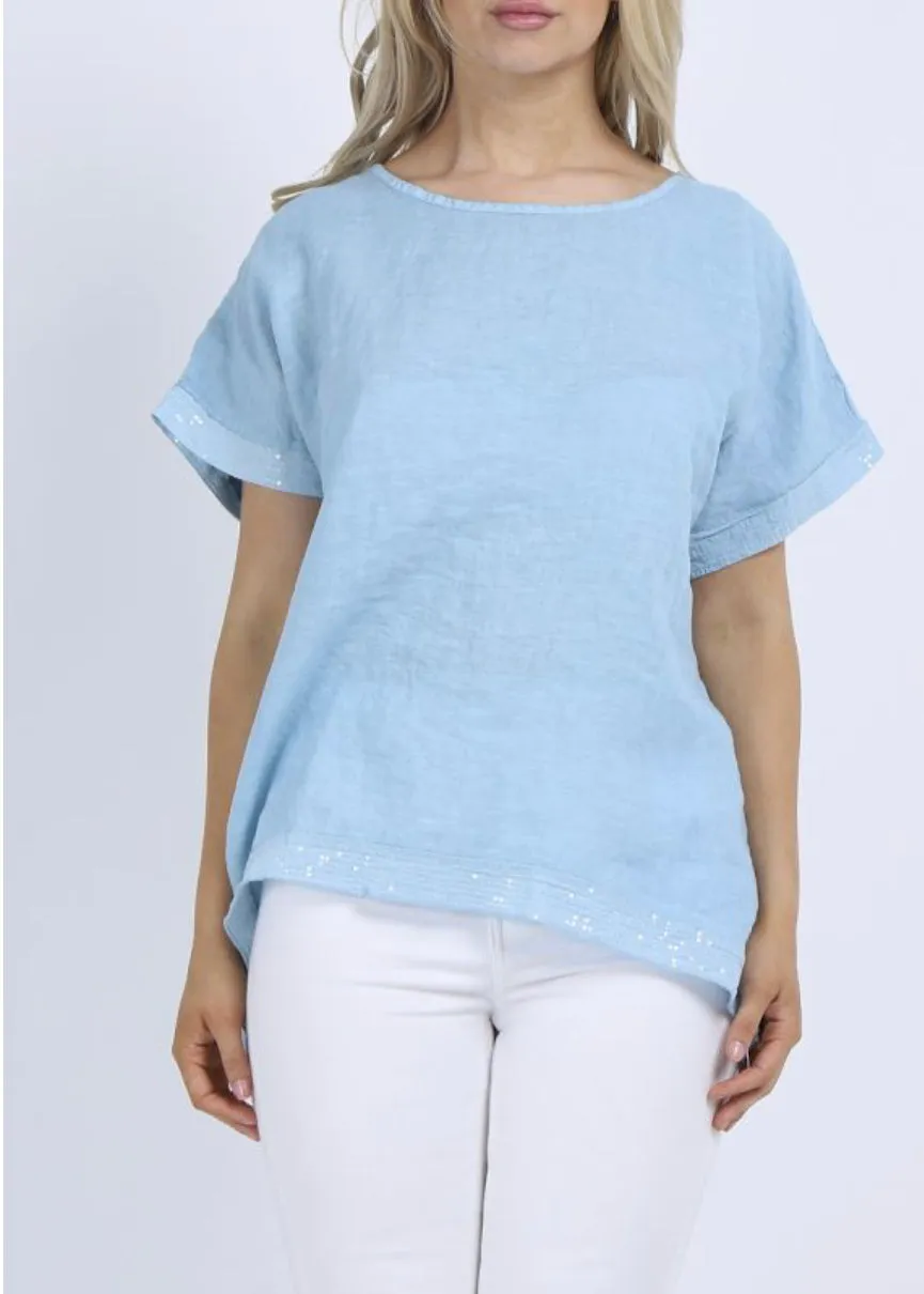 Anne   Kate Italian Sequin Hem Linen Lagenlook Top