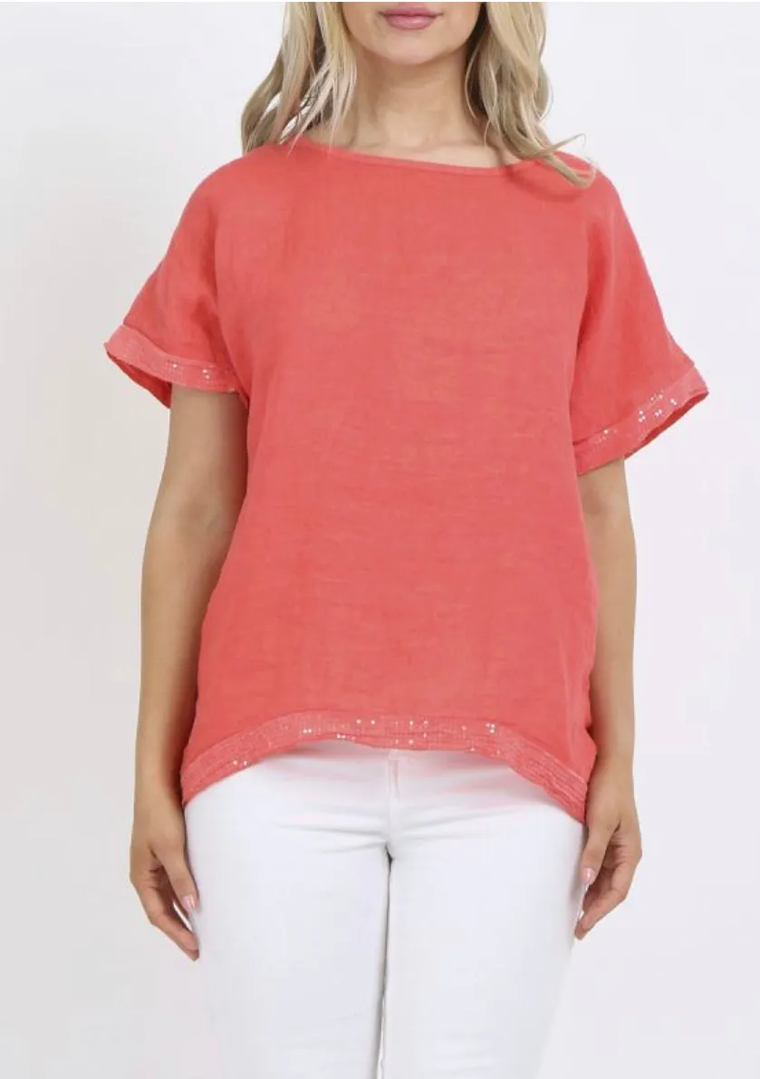 Anne   Kate Italian Sequin Hem Linen Lagenlook Top