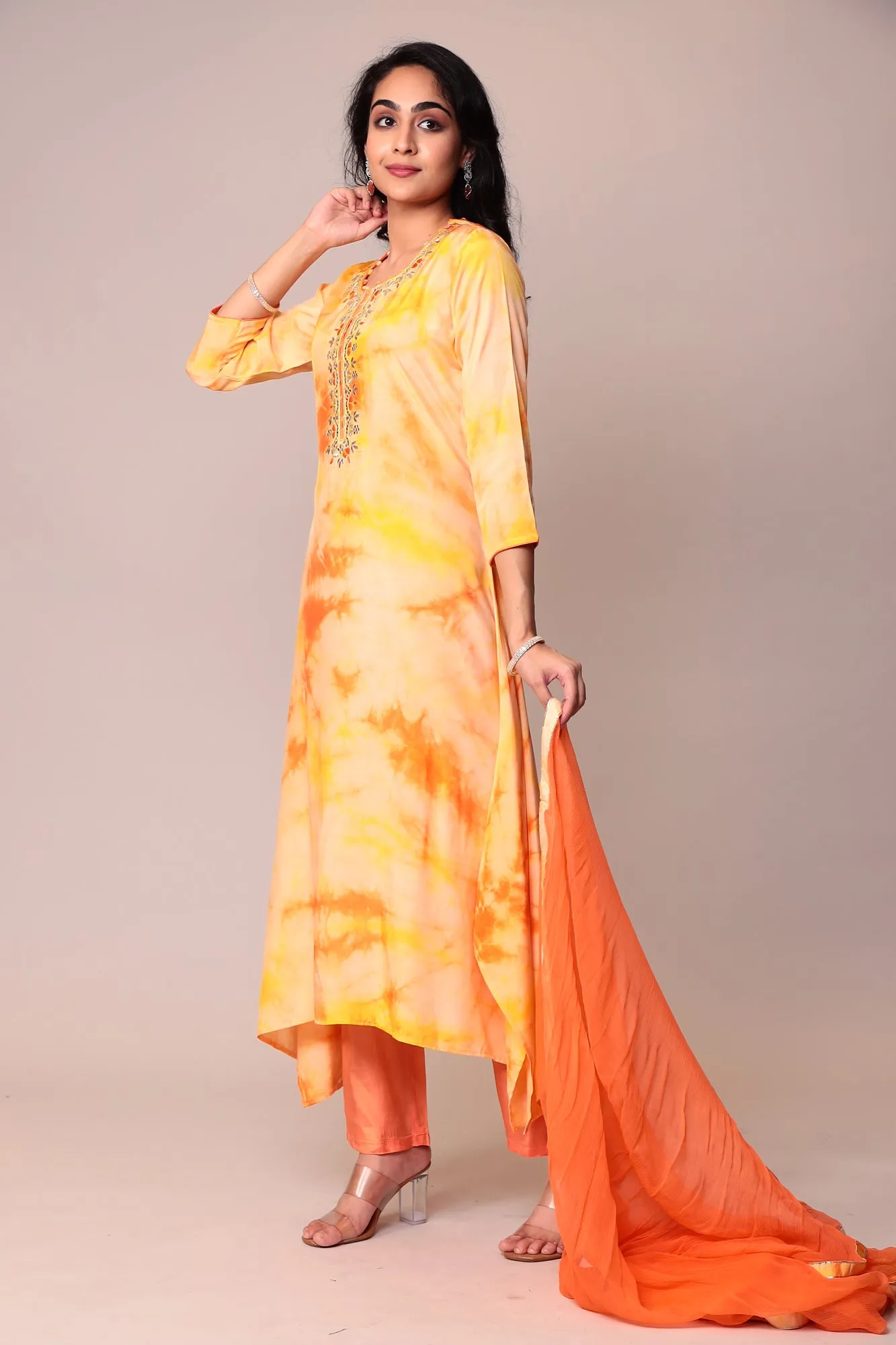 Assymetrical Cut Tie & Dye Silk Kurta Stitched (3Pc) with Gota Patti and Thread Work.