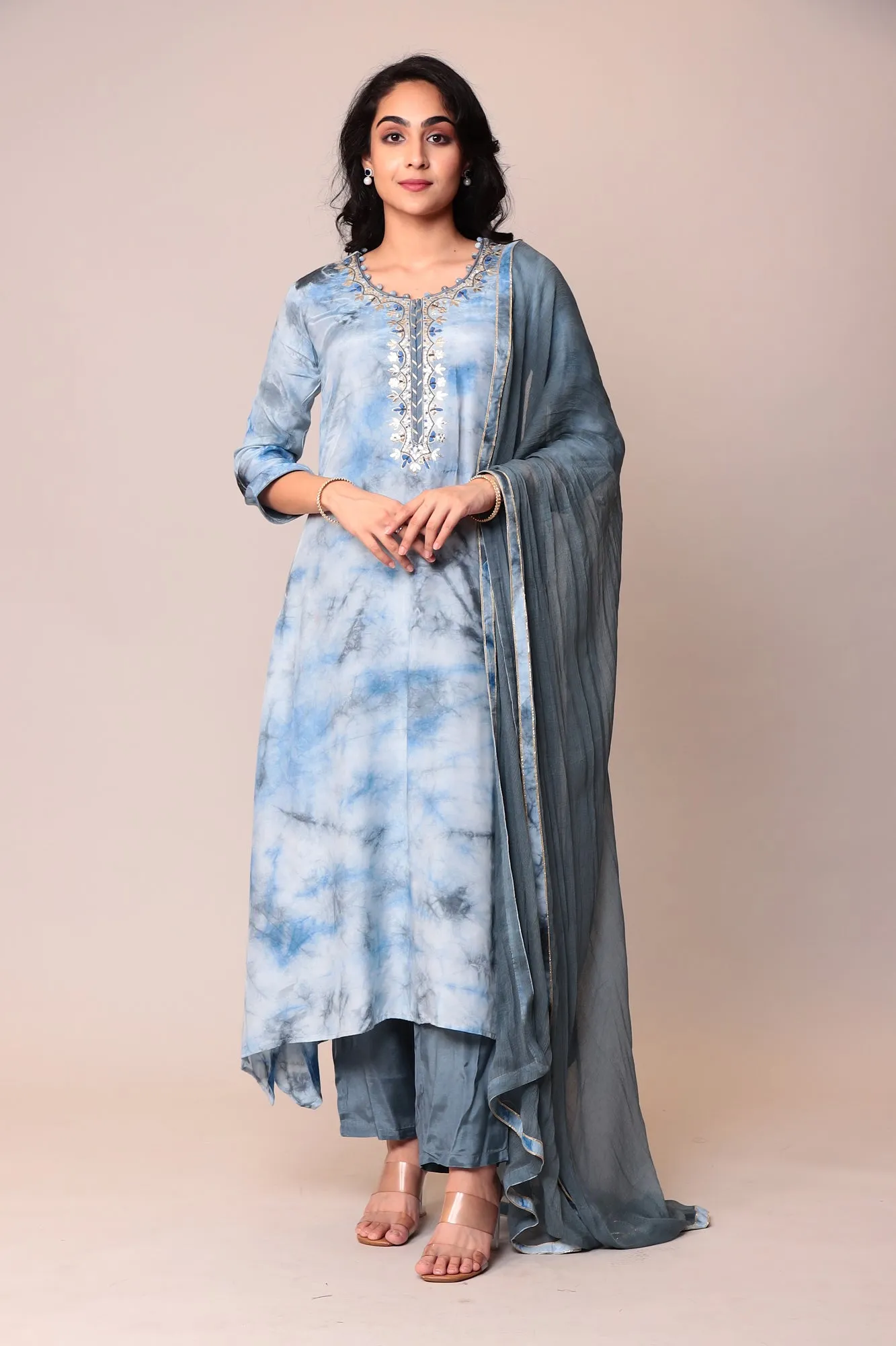 Assymetrical Cut Tie & Dye Silk Kurta Stitched (3Pc) with Gota Patti and Thread Work.