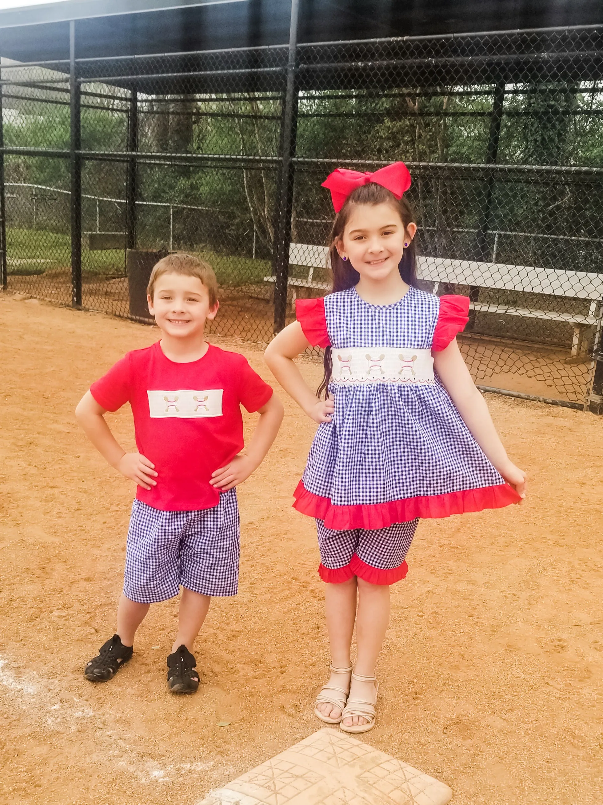 Baseball Blue Check Ruffle Smocked Outfit