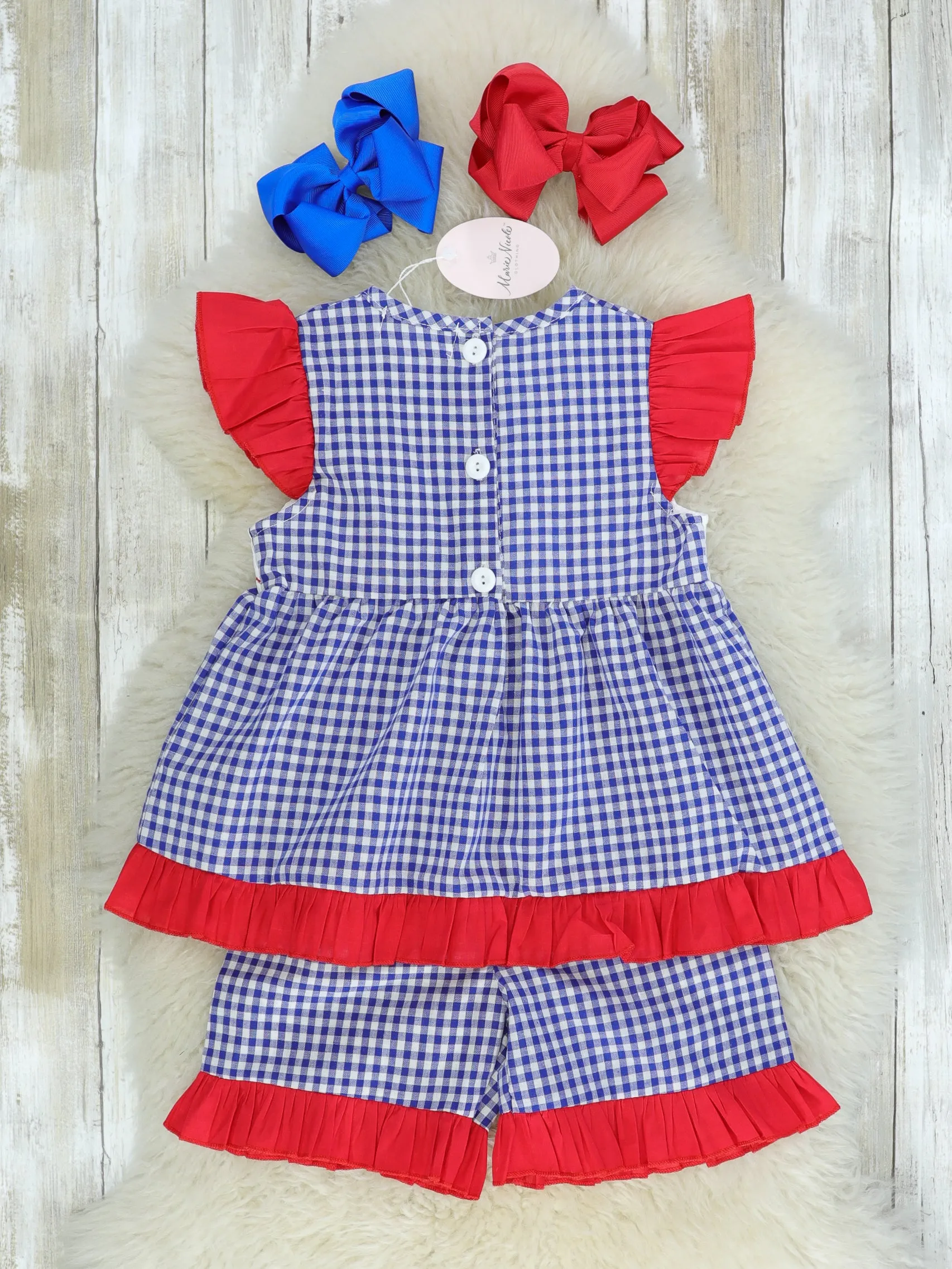 Baseball Blue Check Ruffle Smocked Outfit