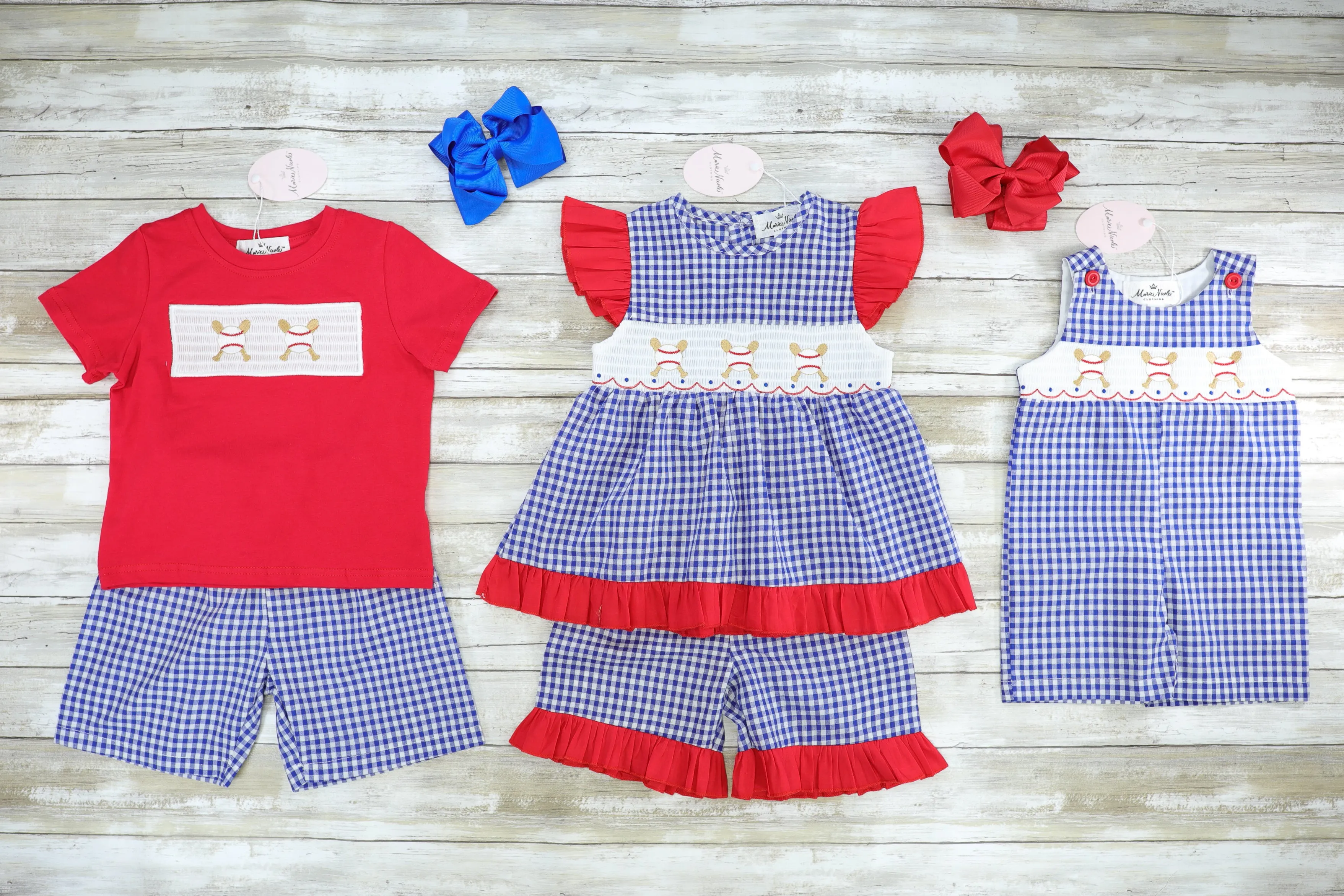 Baseball Blue Check Ruffle Smocked Outfit