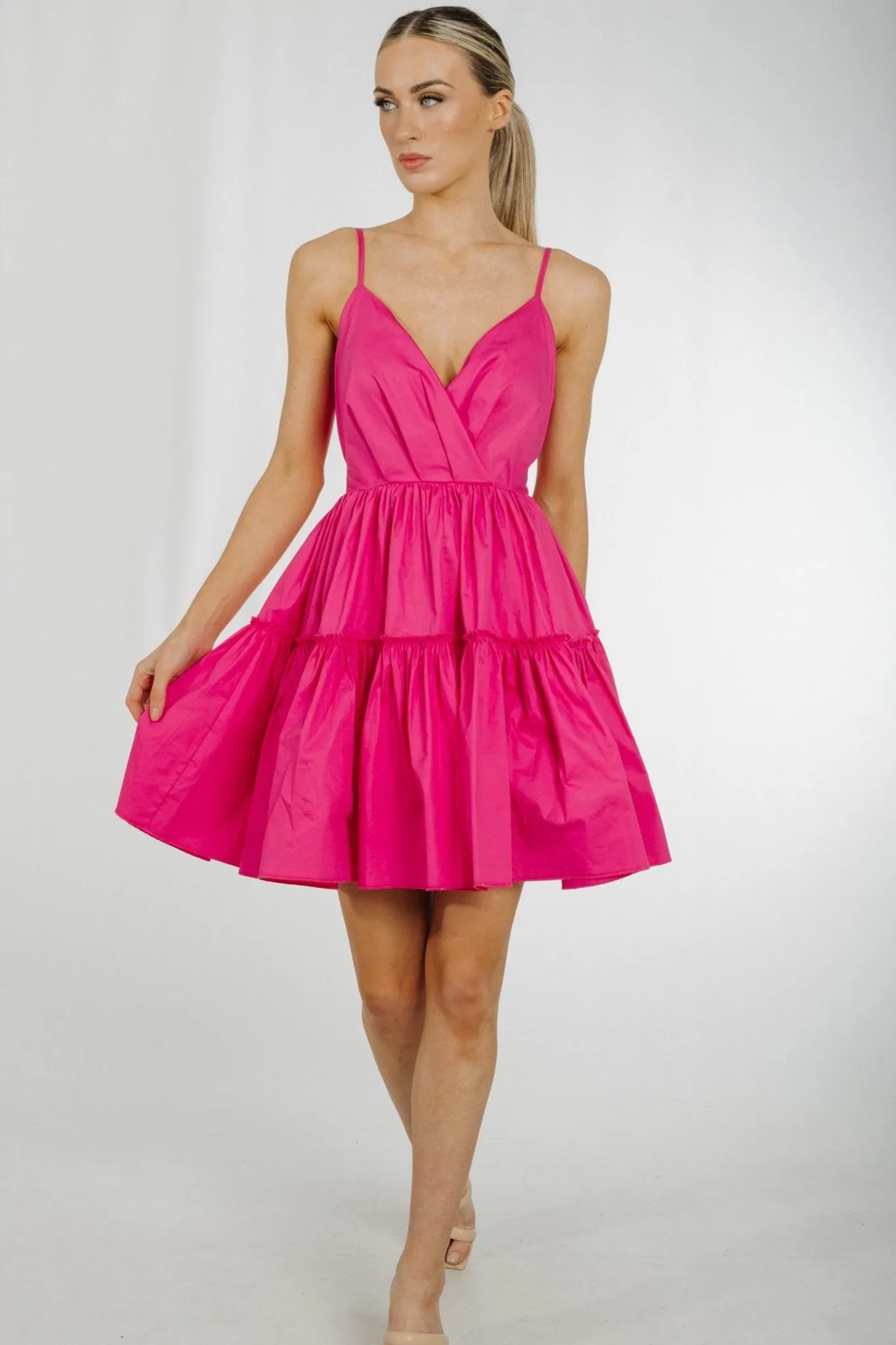 Becca Tie Waist Tiered Dress In Cerise