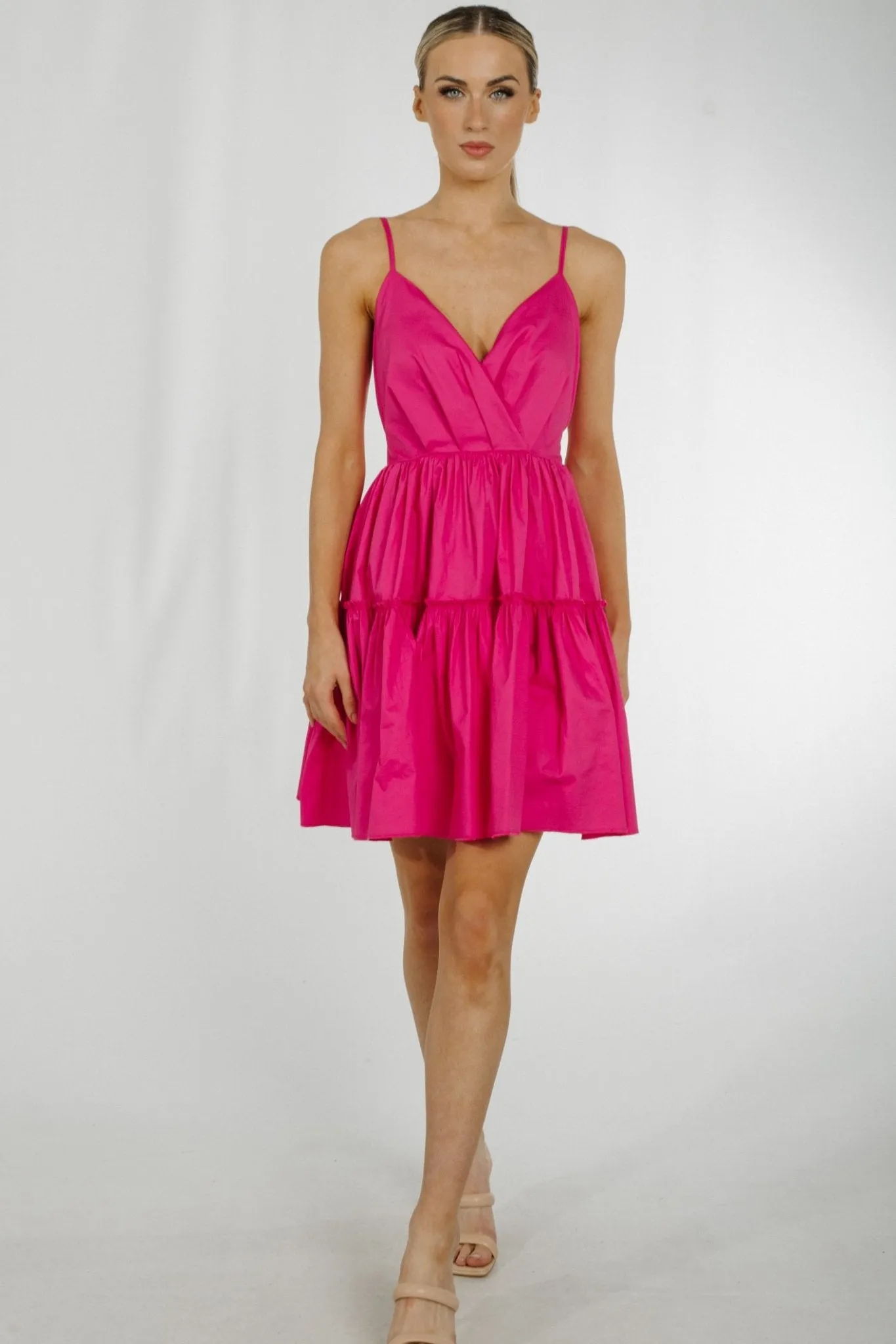 Becca Tie Waist Tiered Dress In Cerise