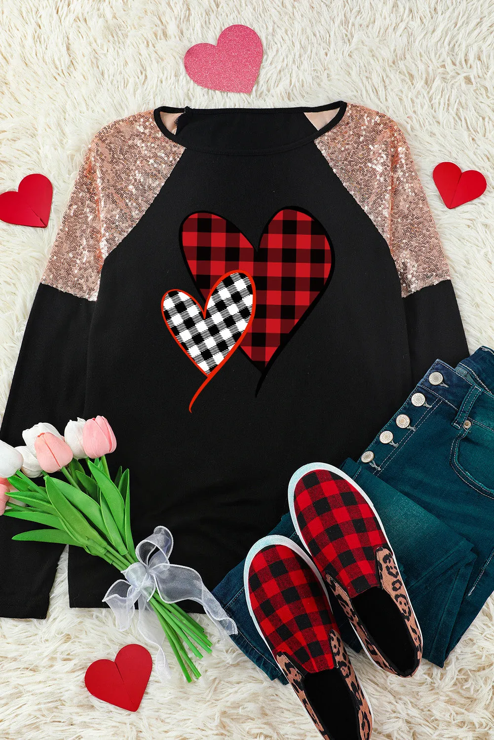 Black Heart Shaped Plaid Long Sleeves Sequin Top