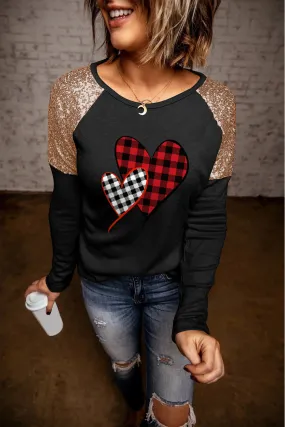 Black Heart Shaped Plaid Long Sleeves Sequin Top