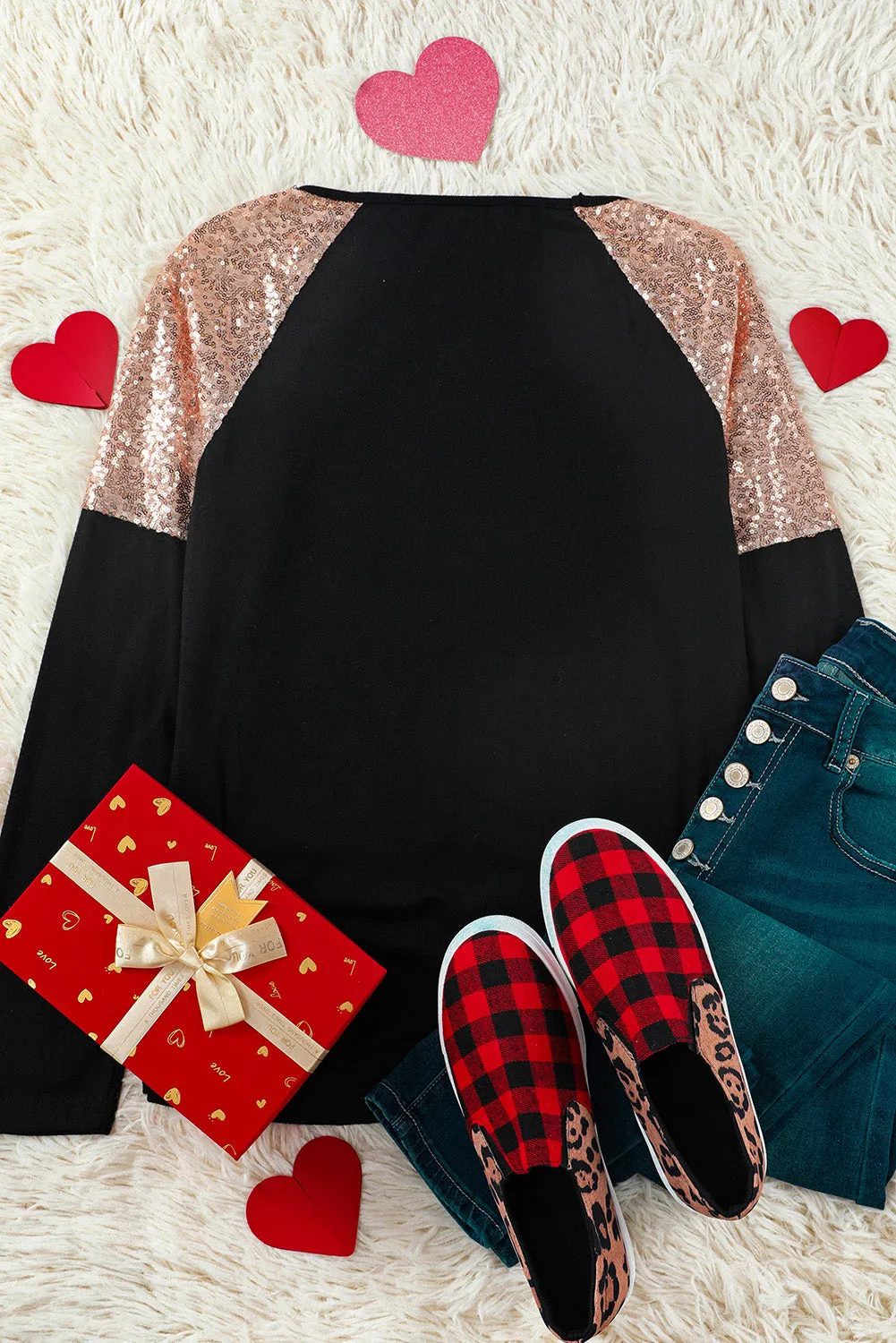 Black Heart Shaped Plaid Long Sleeves Sequin Top