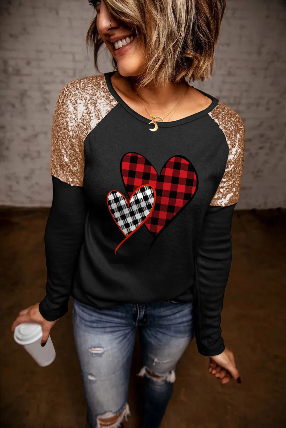 Black Heart Shaped Plaid Long Sleeves Sequin Top