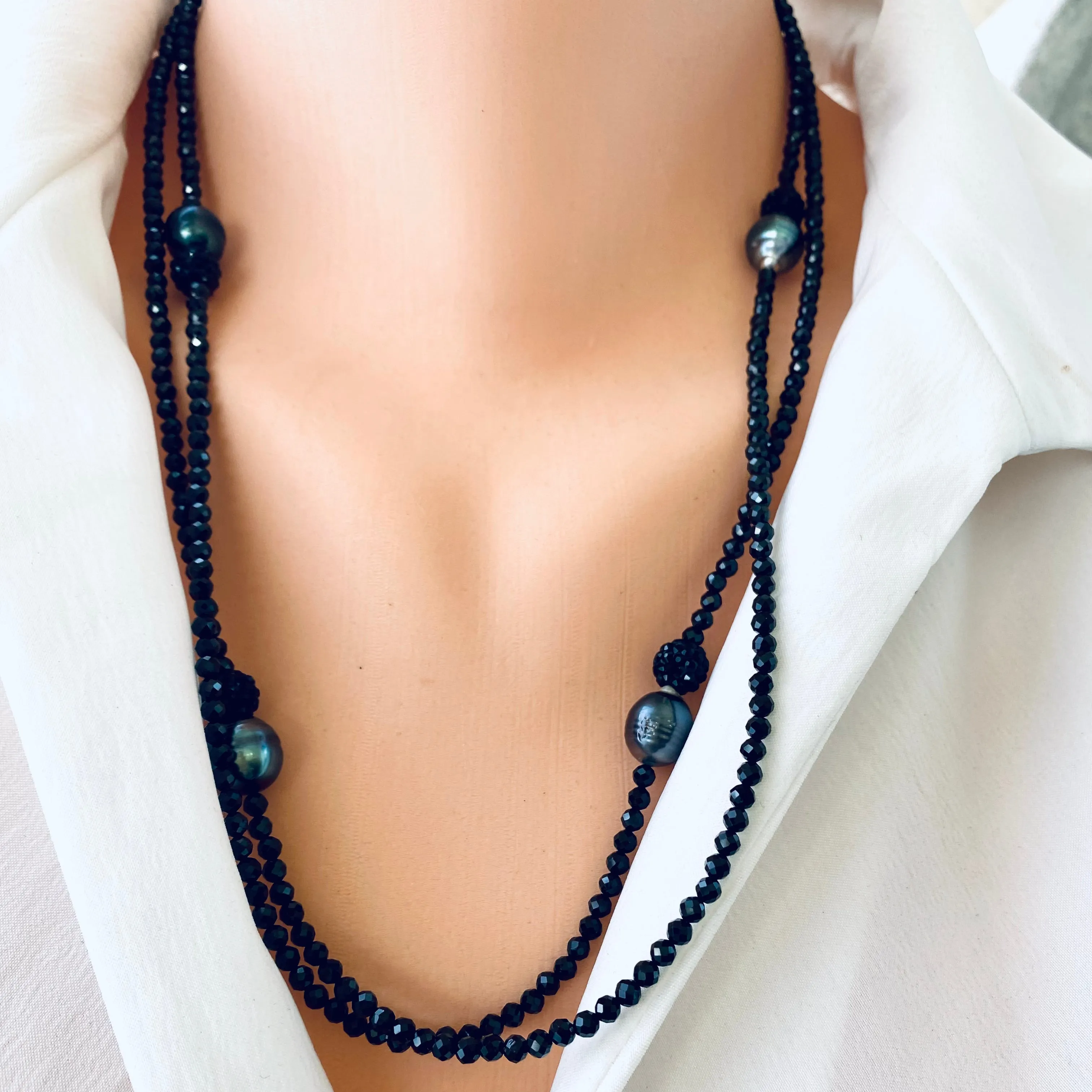 Black Spinel and Tahitian Baroque Pearls Long Beaded Necklace, in 41 or 44inches