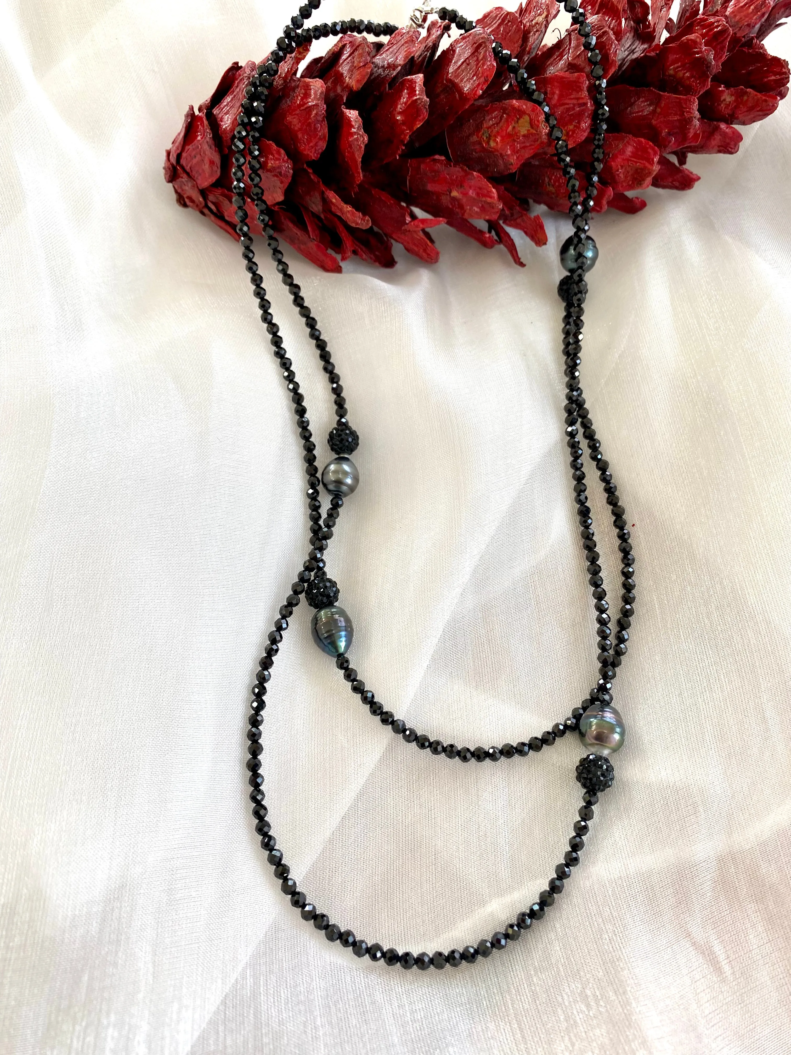 Black Spinel and Tahitian Baroque Pearls Long Beaded Necklace, in 41 or 44inches