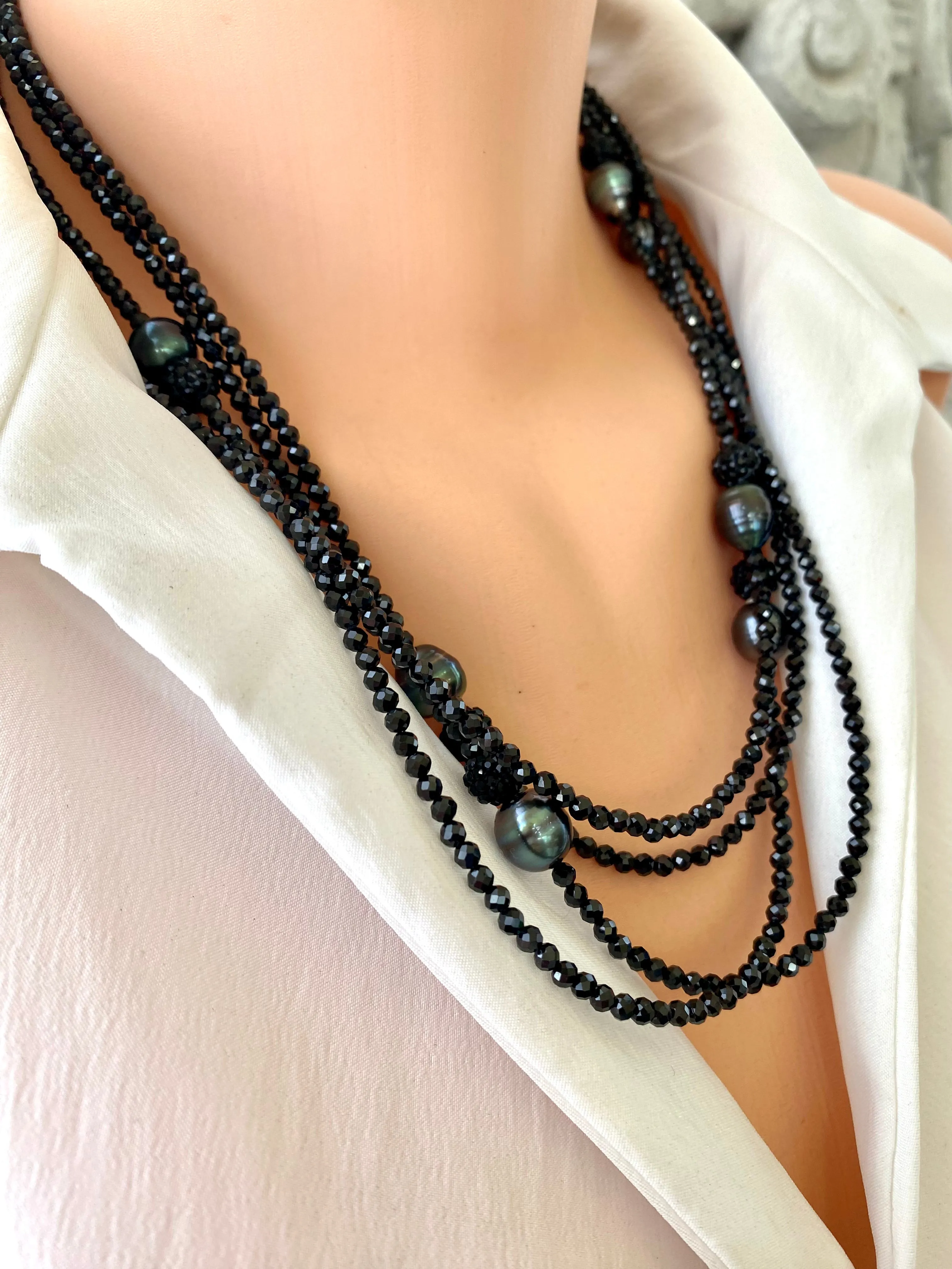 Black Spinel and Tahitian Baroque Pearls Long Beaded Necklace, in 41 or 44inches