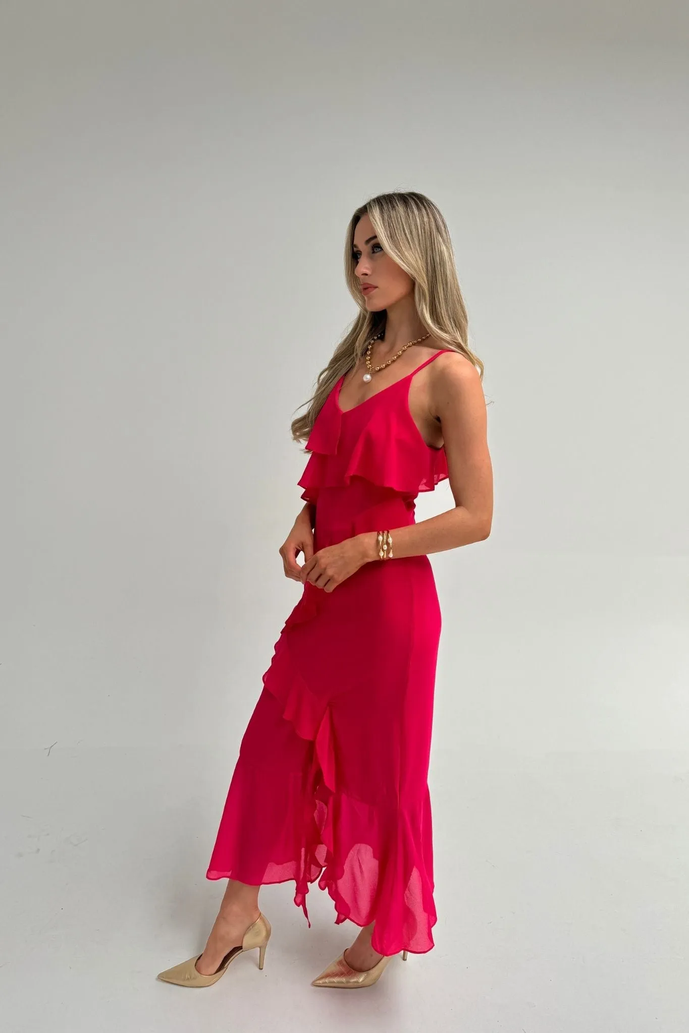 Caitlyn Layered Ruffle Dress In Fuchsia