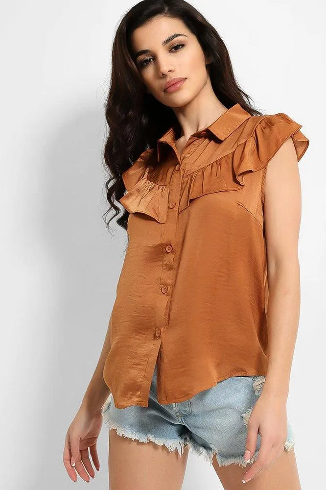 Crushed Satin Frill Details Sleeveless Shirt