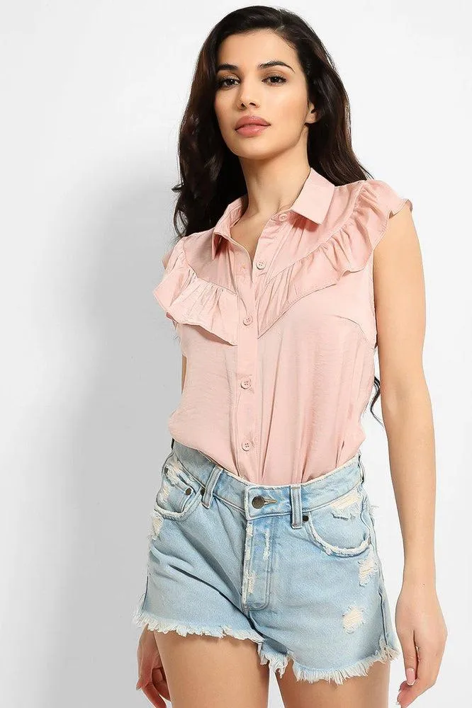 Crushed Satin Frill Details Sleeveless Shirt