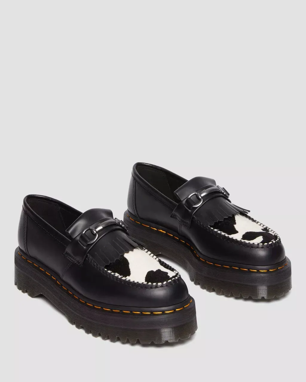 Doc Martens UNISEX ADRIAN SNAFFLE HAIR ON & LEATHER COW PRINT KILTIE LOAFERS (BLACK COW PRINT SMOOTH HAIR ON)