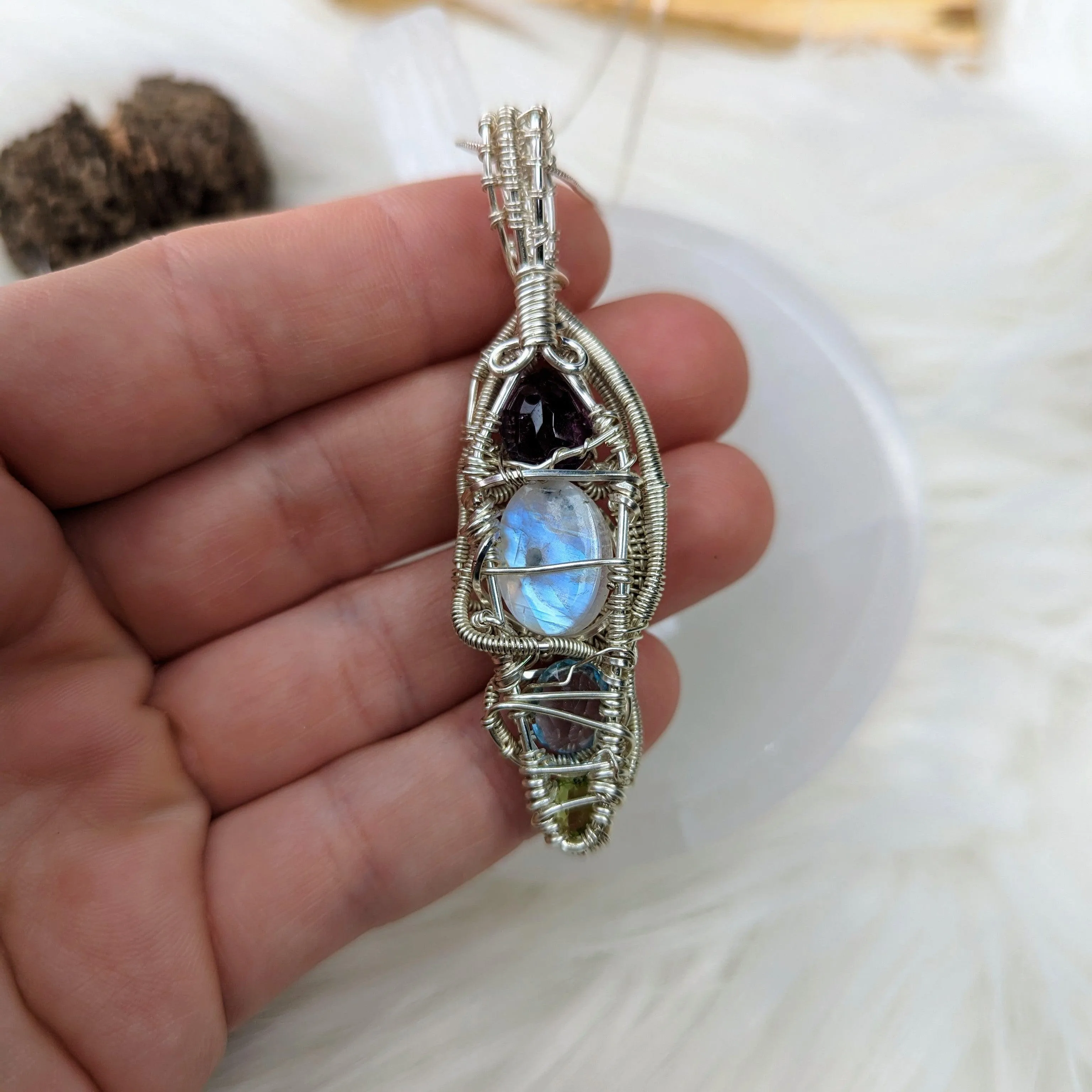 Elven Energies ~ Gorgeous Amethyst, Moonstone, Blue Topaz and Peridot Gemstone Pendant ~ Wire Wrapped by Hand ~ Silver Chain Included