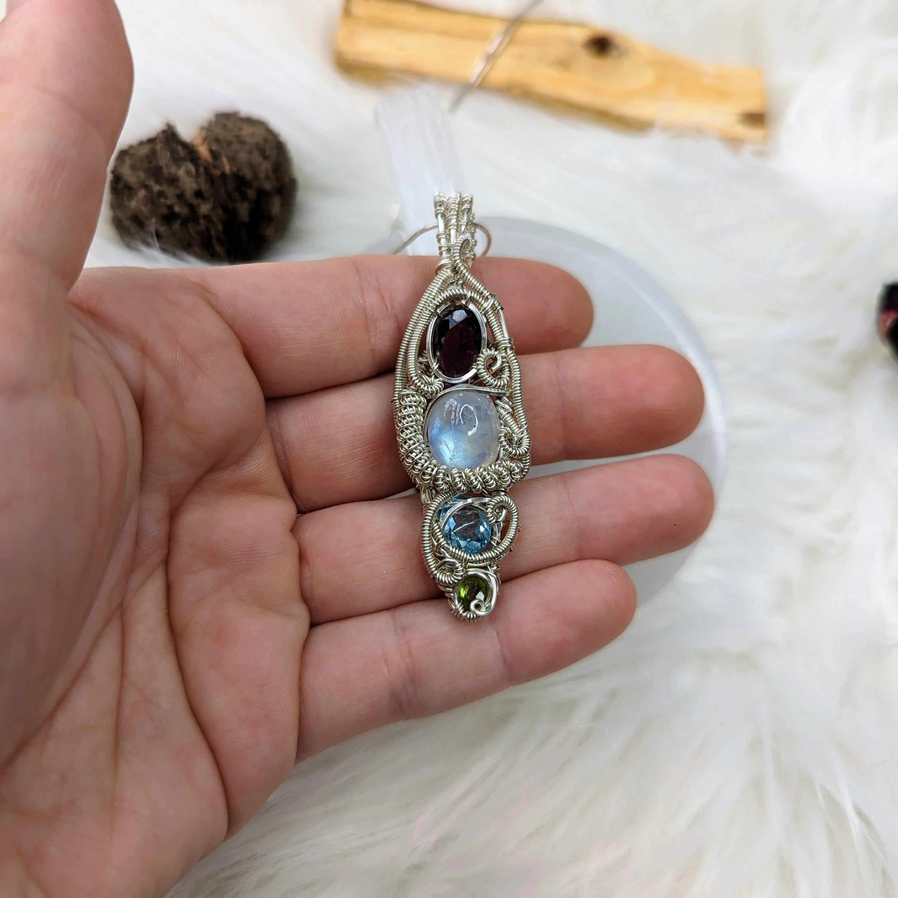 Elven Energies ~ Gorgeous Amethyst, Moonstone, Blue Topaz and Peridot Gemstone Pendant ~ Wire Wrapped by Hand ~ Silver Chain Included