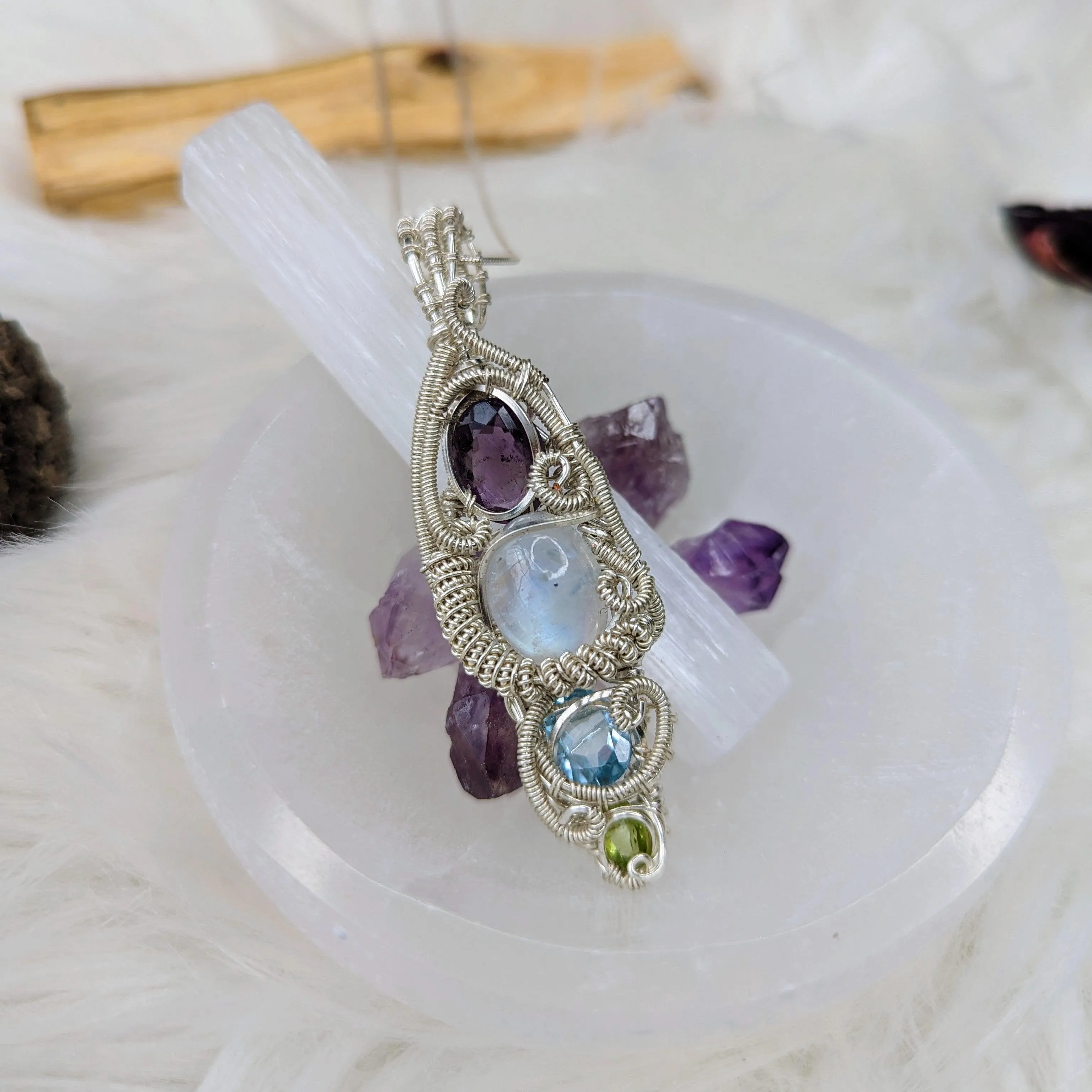 Elven Energies ~ Gorgeous Amethyst, Moonstone, Blue Topaz and Peridot Gemstone Pendant ~ Wire Wrapped by Hand ~ Silver Chain Included