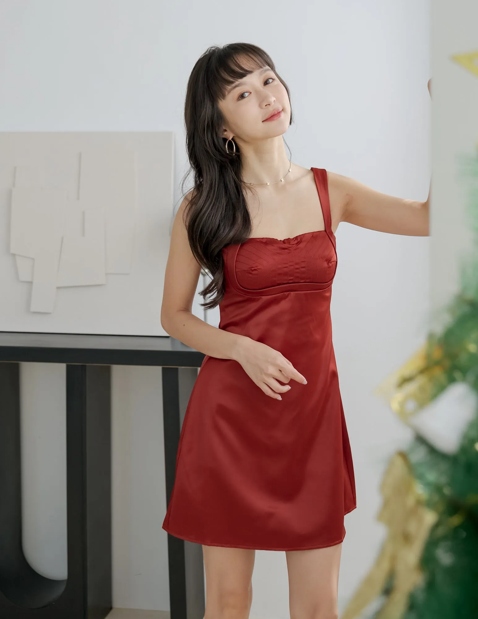 Gloria Padded Satin Dress in Rust