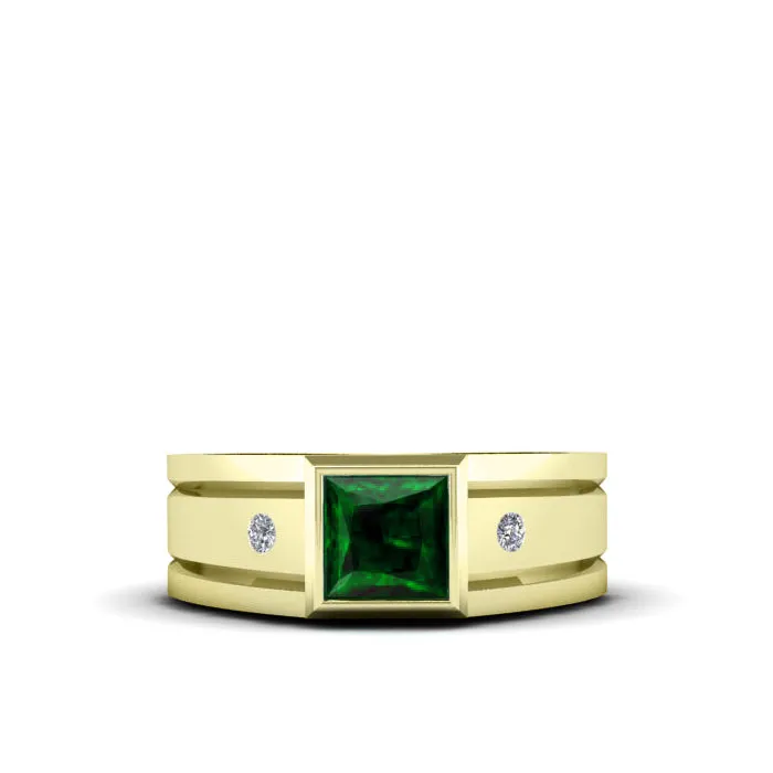 Green Stone Ring for Man Solid 14K Yellow Gold and 2 Diamonds Unique Signet Ring with Gem