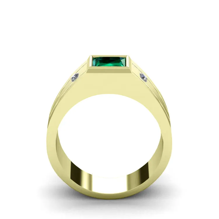 Green Stone Ring for Man Solid 14K Yellow Gold and 2 Diamonds Unique Signet Ring with Gem