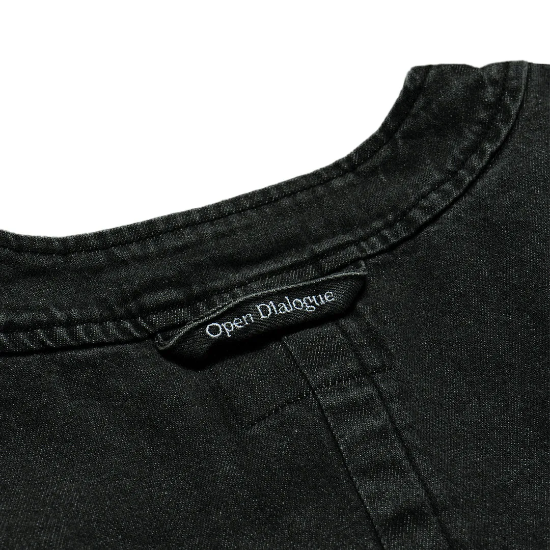 OPEN DIALOGUE WASHED DENIM COLLARLESS SHIRT-BLACK