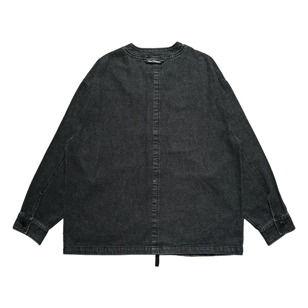 OPEN DIALOGUE WASHED DENIM COLLARLESS SHIRT-BLACK