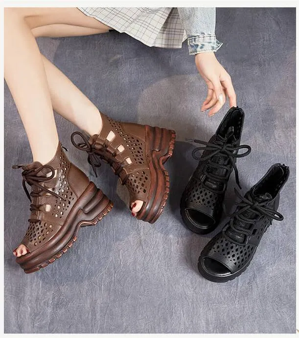 Pee-Toe Soft Leather Wedge Black Ankle Boots for Women