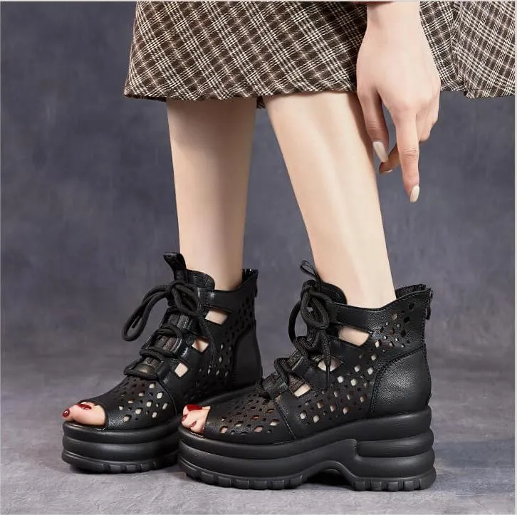 Pee-Toe Soft Leather Wedge Black Ankle Boots for Women