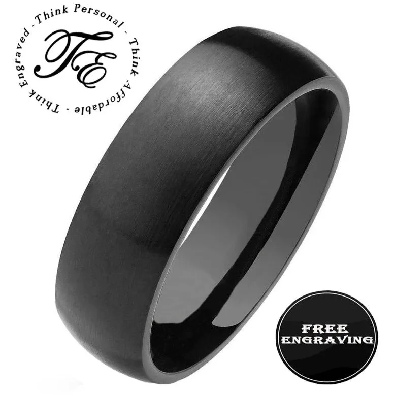 Personalized Men's Matte Black Wedding Ring - Engraved Hand Writing Ring