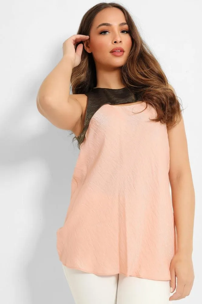 Pink Khaki Crushed Satin Sleeveless Top