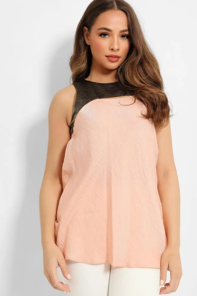 Pink Khaki Crushed Satin Sleeveless Top