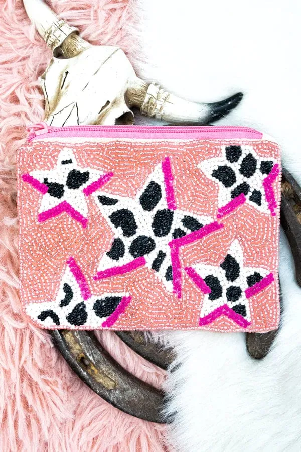 Pink stars BEADED COIN clutch PURSE