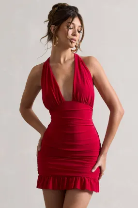 Rodeo | Red Ruched Plunge Halter-Neck Mini Dress