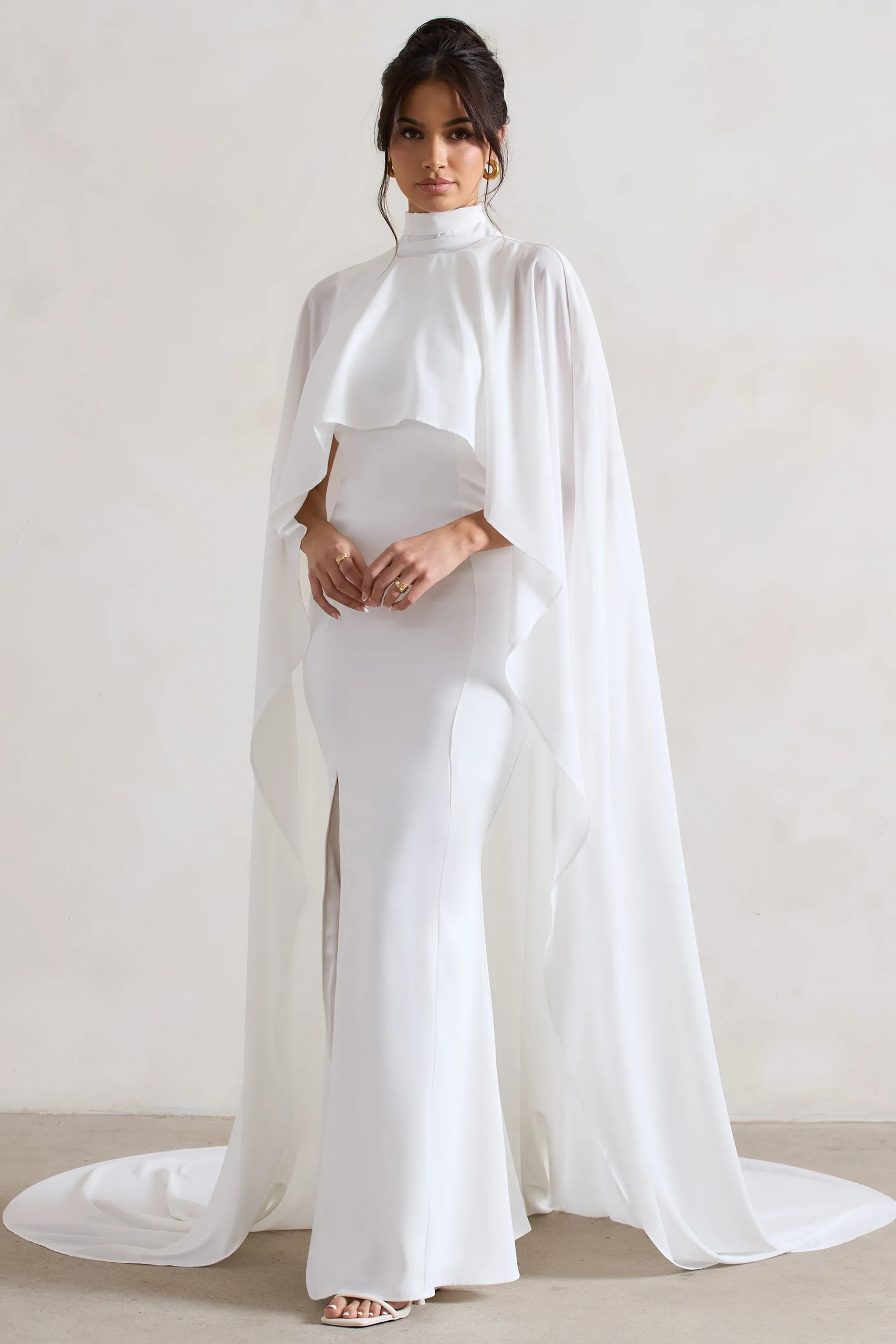 Saint | Cream Fishtail Split Maxi Dress With Chiffon Cape