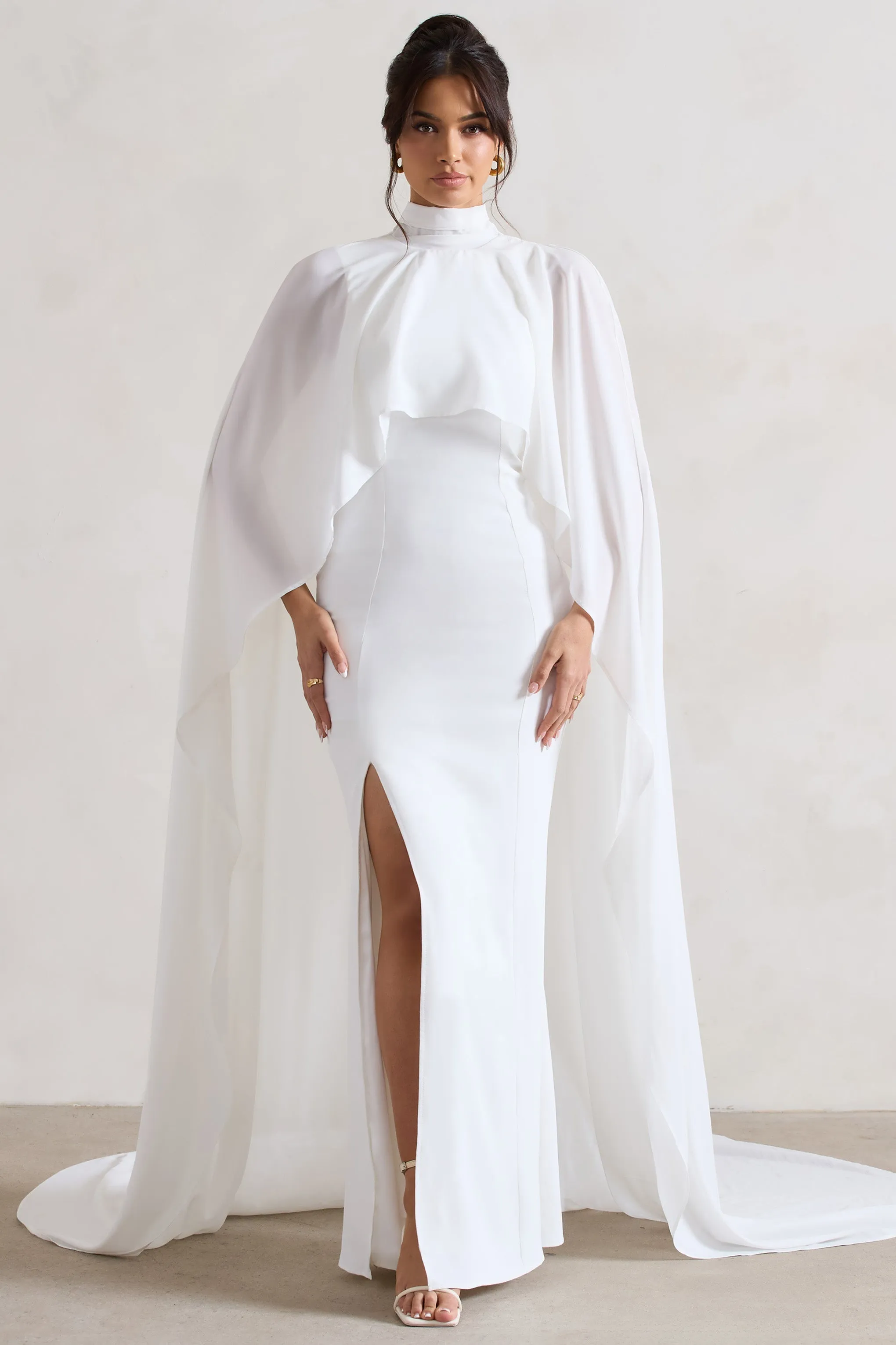 Saint | Cream Fishtail Split Maxi Dress With Chiffon Cape