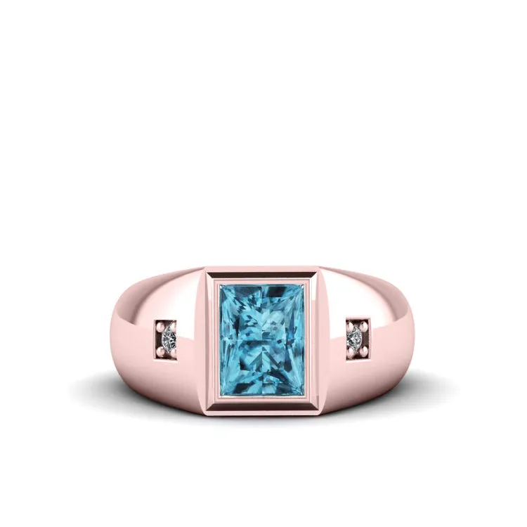 Signet Male Ring Light Blue Rectangle Topaz and Real Diamonds in 14K SOLID Gold Gem Band Ring