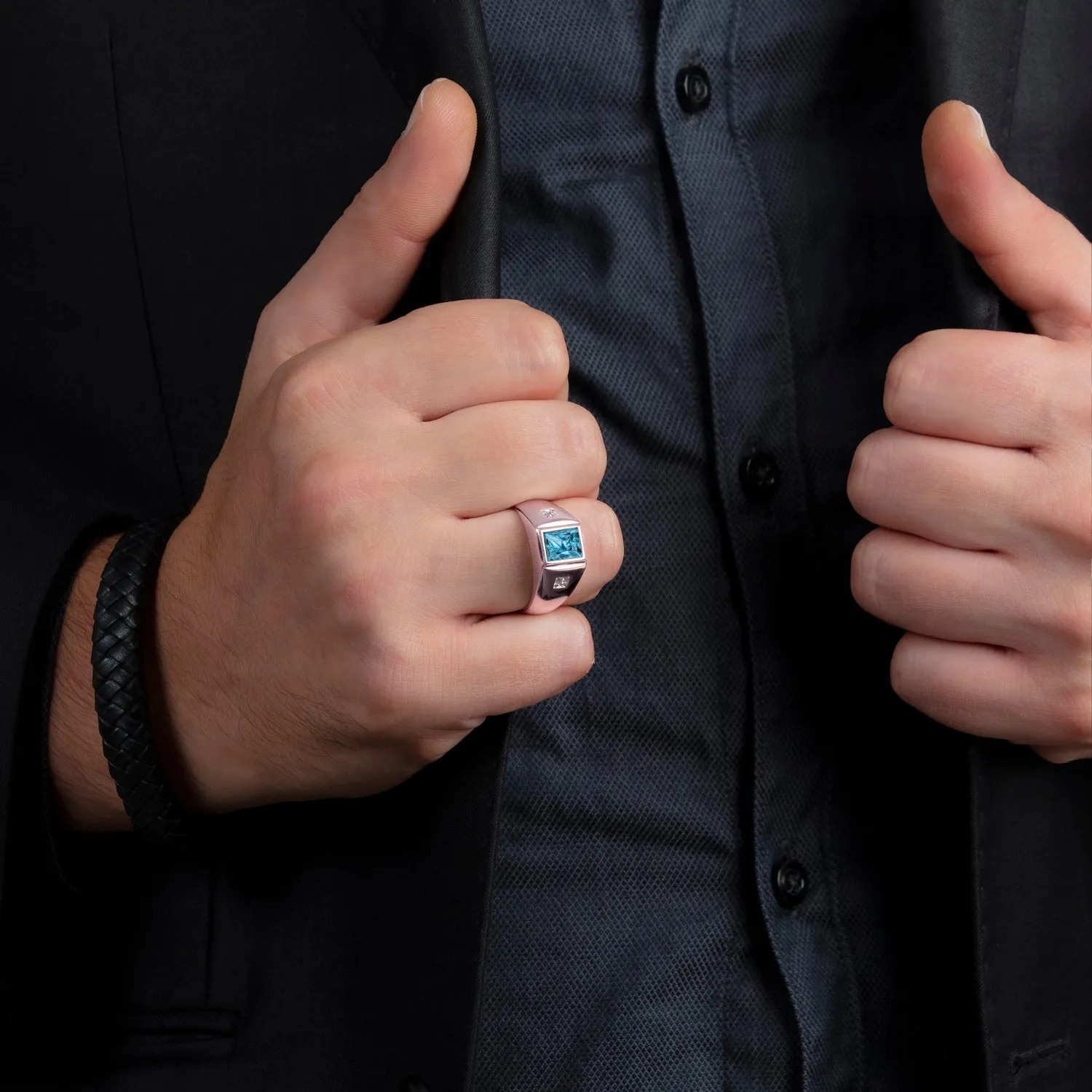 Signet Male Ring Light Blue Rectangle Topaz and Real Diamonds in 14K SOLID Gold Gem Band Ring