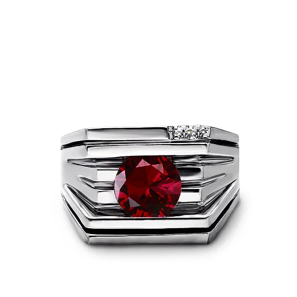 Solid 10K White GOLD Mens Ring REAL with Red Ruby and DIAMONDS Accents