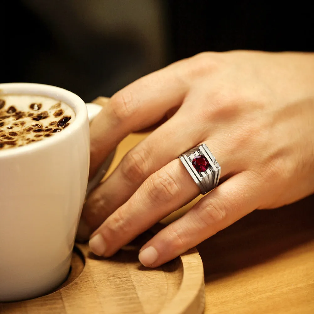 Solid 10K White GOLD Mens Ring REAL with Red Ruby and DIAMONDS Accents